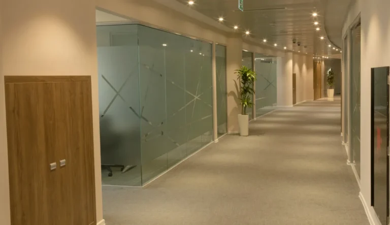 Enhancing Office Privacy and Style with Frosted Glass Partitions.